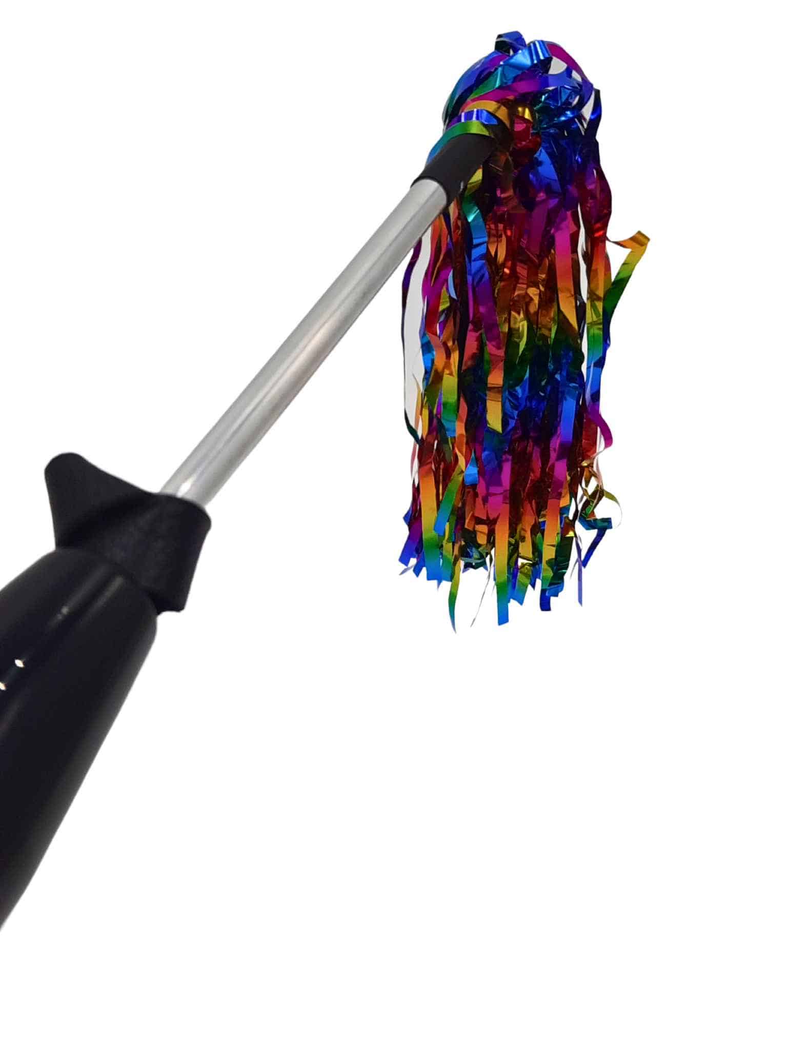 Rainbow mylar flogger that conducts electricity attached to a violet wand